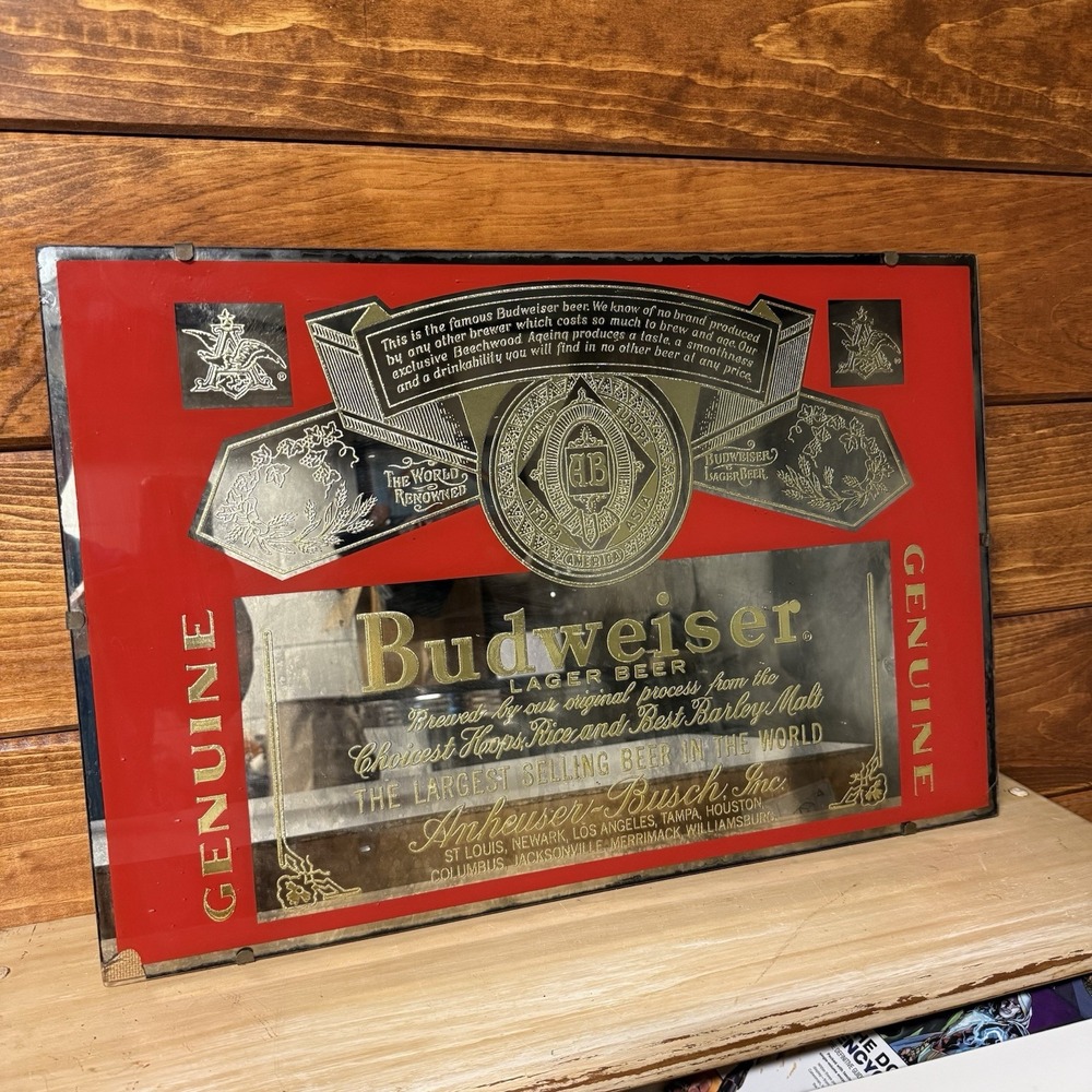 Vintage 1970's Budweiser Beer Glass Gold Gilded Mirror Bar Sign 24" X 16"